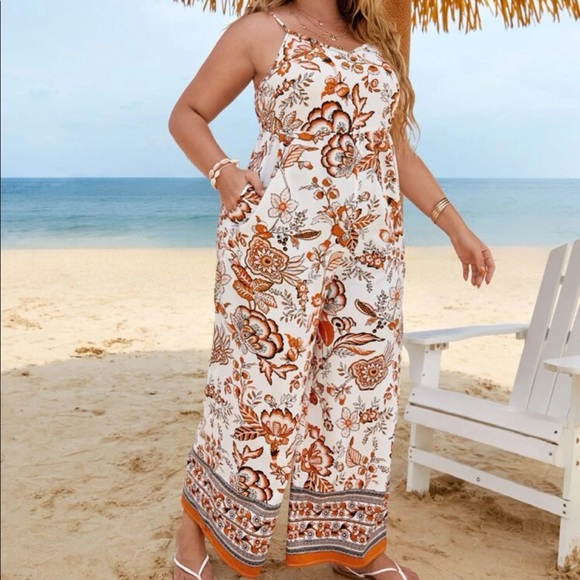 Bohemian Boho Plus Size Floral Paisley Pockets Wide Leg Pants Jumpsuit - Picture 5 of 5